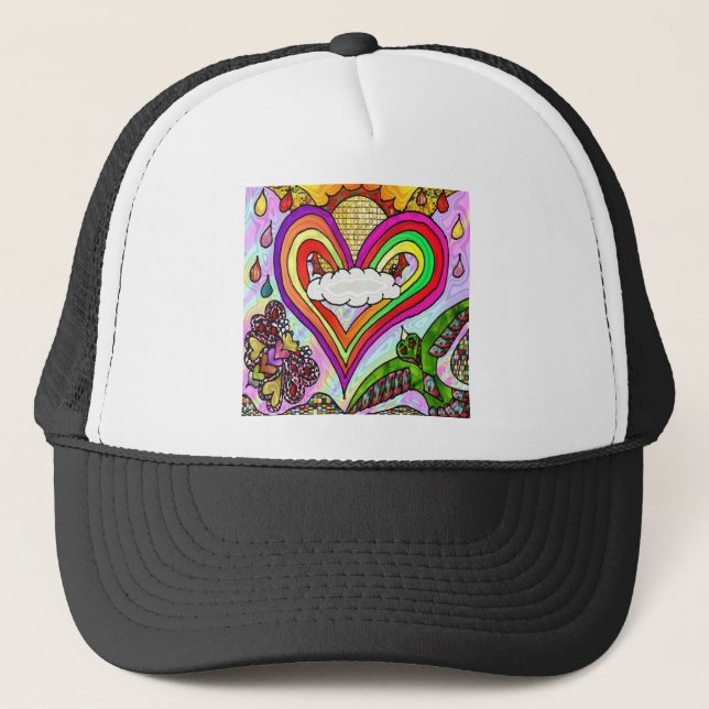 Gorra De Camionero Impresión psicodélica de arte cardíaco arcoiris (Anverso)