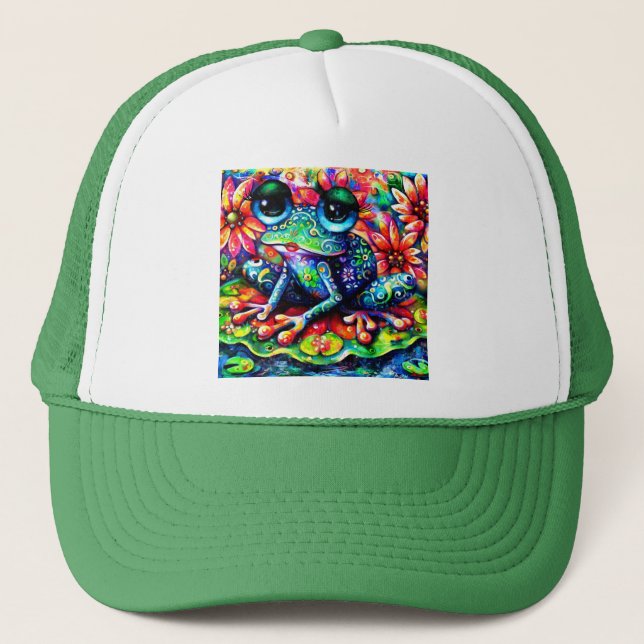 Gorra De Camionero Impresionante Impresionista sapo Floral Verde Azul (Anverso)