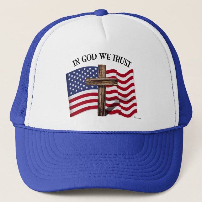 Gorra De Camionero In God We Trust with rugged cross and US flag (Anverso)
