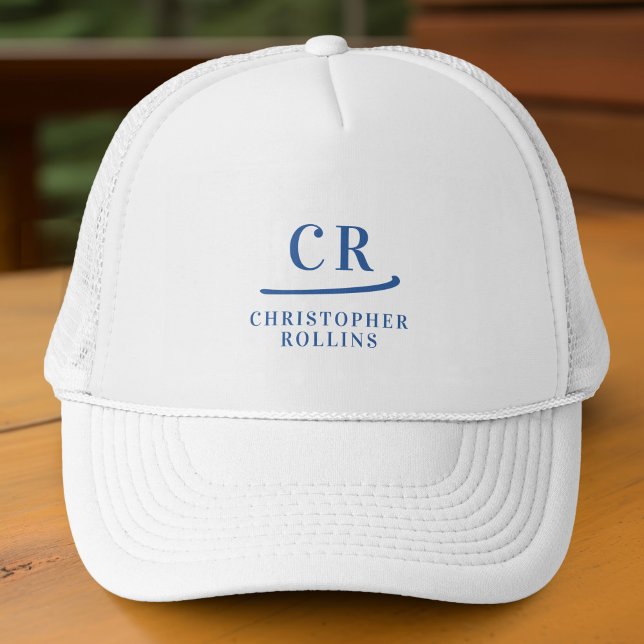 Gorra De Camionero Iniciales monogramadas y nombre blanco azul Minima (Monogrammed Initials & Name Minimalist Blue White Trucker Hat)