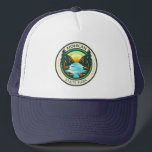 Gorra De Camionero Insignia del Parque Estatal Mohicano Ohio<br><div class="desc">Ilustracion del Parque Estatal Mohican en un círculo de insignias.</div>