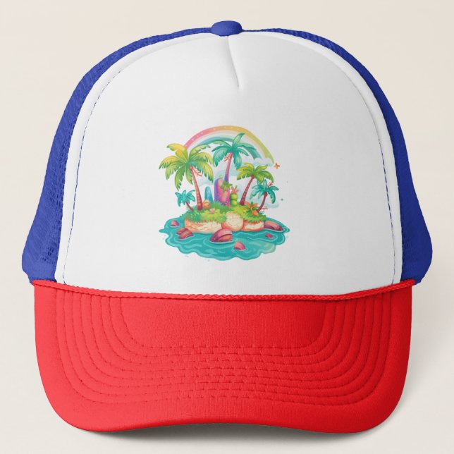 Gorra De Camionero Isla tropical con palmeras y arcoiris (Anverso)