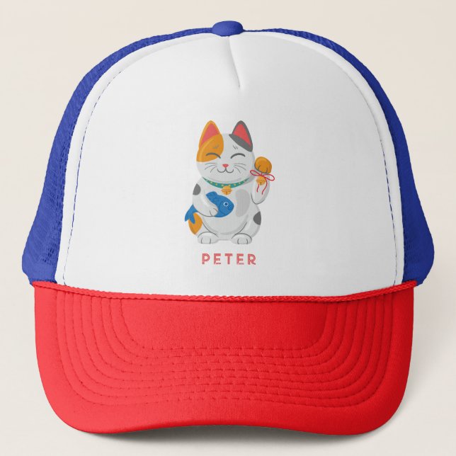 Gorra De Camionero Japonés Maneki Neko Gato Blanco, símbolo de buena  (Anverso)
