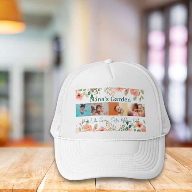 Gorra De Camionero Jardín de la abuela de la Collage de fotos persona (Personalized Photo Collage Nana Grandma's Garden Trucker Hat)