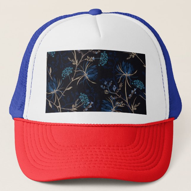 Gorra De Camionero Jardín oscuro: Floral azul monotónica (Anverso)