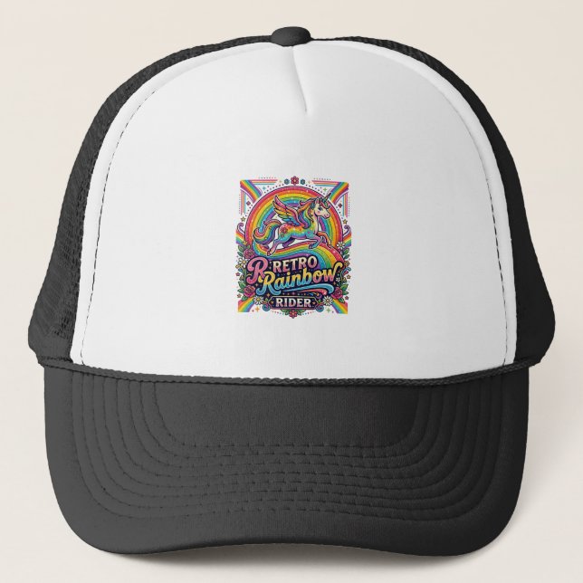 Gorra De Camionero Jinete de Arcoíris Retro Unicornio (Anverso)