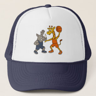 Gorra De Camionero Jirafa de dibujos animados y rinoceronte jugando b