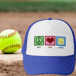 Gorra De Camionero Jugador de Softbol Peace Love<br><div class="desc">Regalo de Peace Love Softball. Una señal de paz,  un corazón y un softball. Un regalo genial para un jugador de softball.</div>