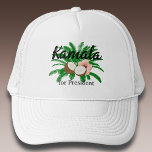 Gorra De Camionero Kamala por el presidente Coconut<br><div class="desc">Destacar con este colorido gorra gráfico apoyando la campaña de Kamala Harris por la presidencia. Presenta letras en negrita de escritura negra y acentos gráficos florales y de coco con un toque femenino. Su elección de colores gorras.</div>