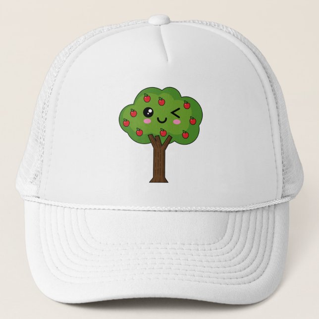 Gorra De Camionero Kawaii feliz árbol de manzanas (Anverso)