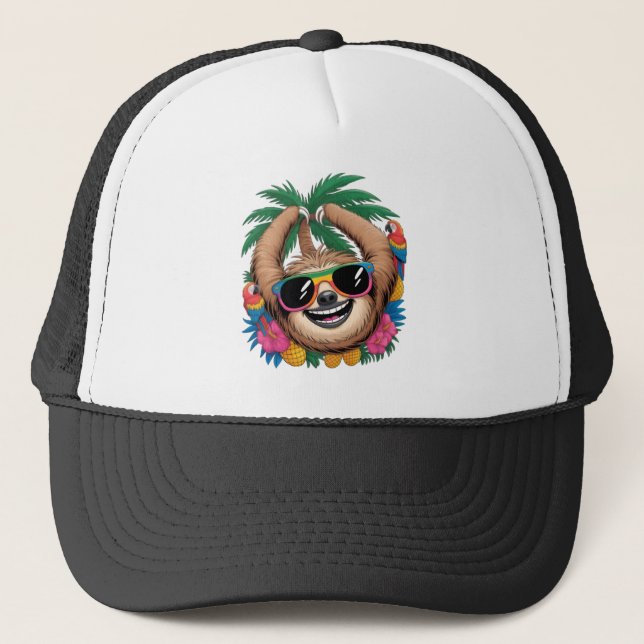Gorra De Camionero Kawaii Tropical Sloth – Cute Summer Vibes Rainbow  (Anverso)