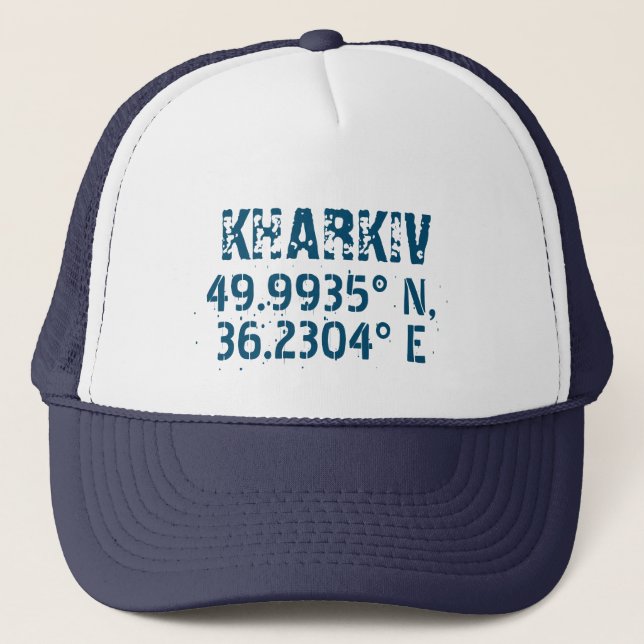 Gorra De Camionero Kharkiv Ucrania latitud y longitud angustiada (Anverso)