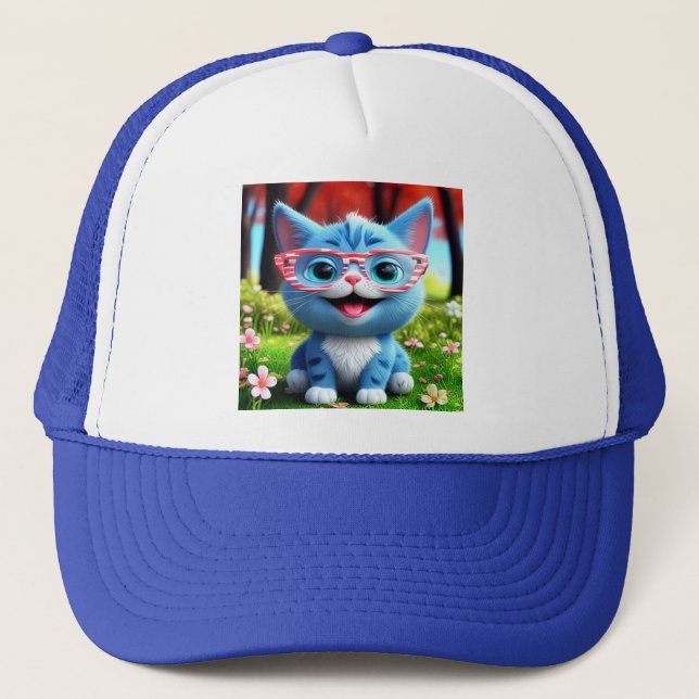 Gorra De Camionero Kitten azul lindo sonriente-55665 (Anverso)