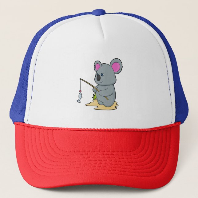 Gorra De Camionero Koala como pescador con caña y pescado (Anverso)