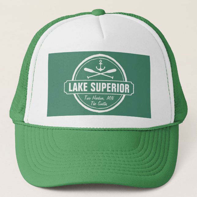 Gorra De Camionero Lago Superior, ciudad personalizado, nombre, ancla (Anverso)