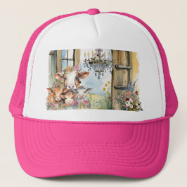 Gorra De Camionero Lámpara de granero con vacas y flores