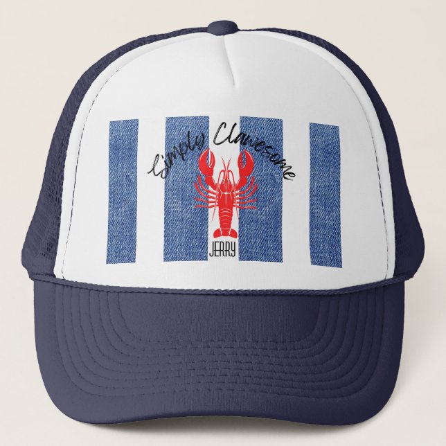 Gorra De Camionero Langosta roja en franjas de denim azules y blancas (Anverso)