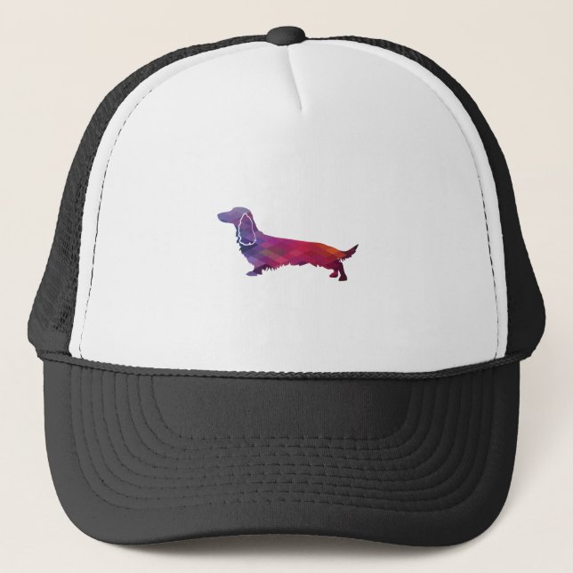 Gorra De Camionero Larga haitiana Dachshund Geo Silhouette Purple (Anverso)