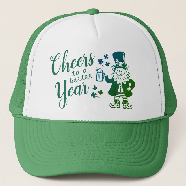 Gorra De Camionero Leprechaun irlandés divertido con cerveza y trébol (Anverso)