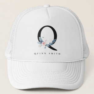 GORRA DE CAMIONERO LETRA Q DE NOMBRE DE ALFABETAS FLORALES AZULES DE