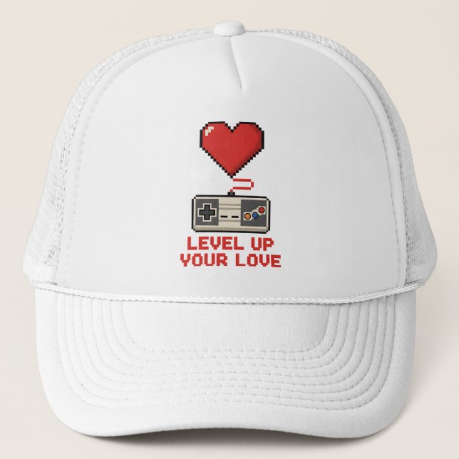 Gorra De Camionero Level Up Your Love, Retro Pixel Gaming Design (Anverso)