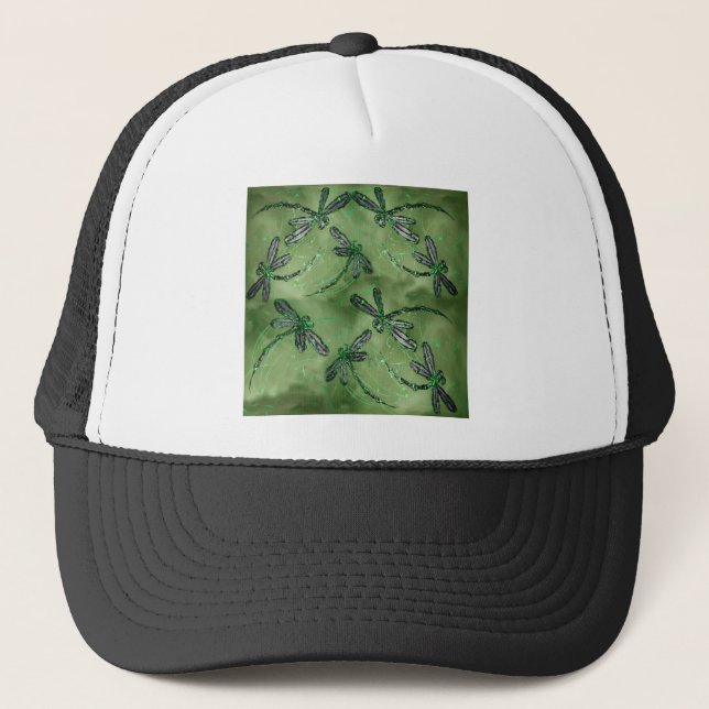 Gorra De Camionero Libélulas de Alas Moradas sobre Verde Lima Suave (Anverso)