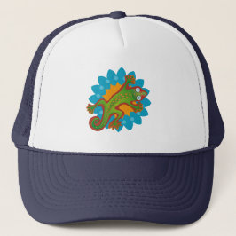 Gorra De Camionero Lindo lagarto verde sobre flor, lagarto