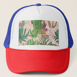 Gorra De Camionero Llamas acuarelas y patrones de cactus.