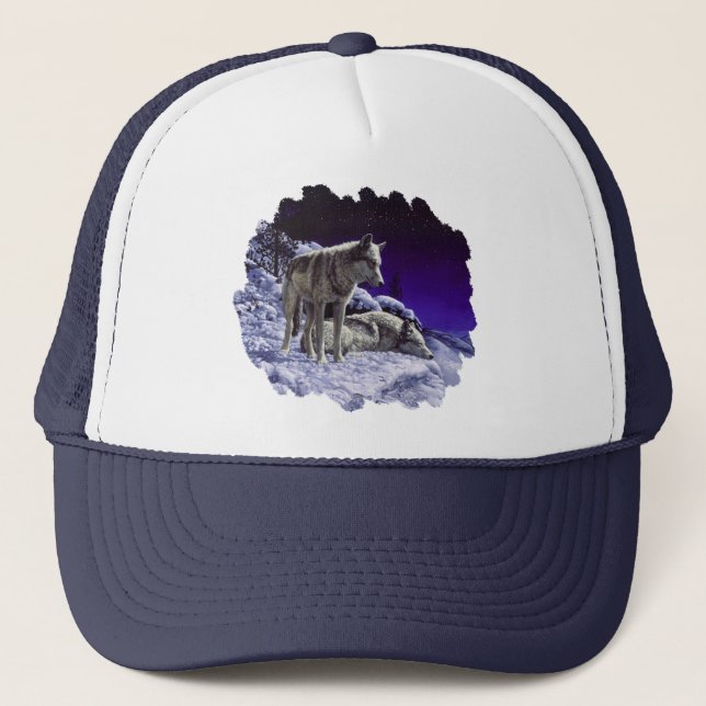 Gorra De Camionero Lobos grises en la nieve de invierno de noche (Anverso)