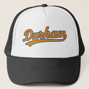 Gorra De Camionero Logotipo del guión de durham en Naranja retro y az