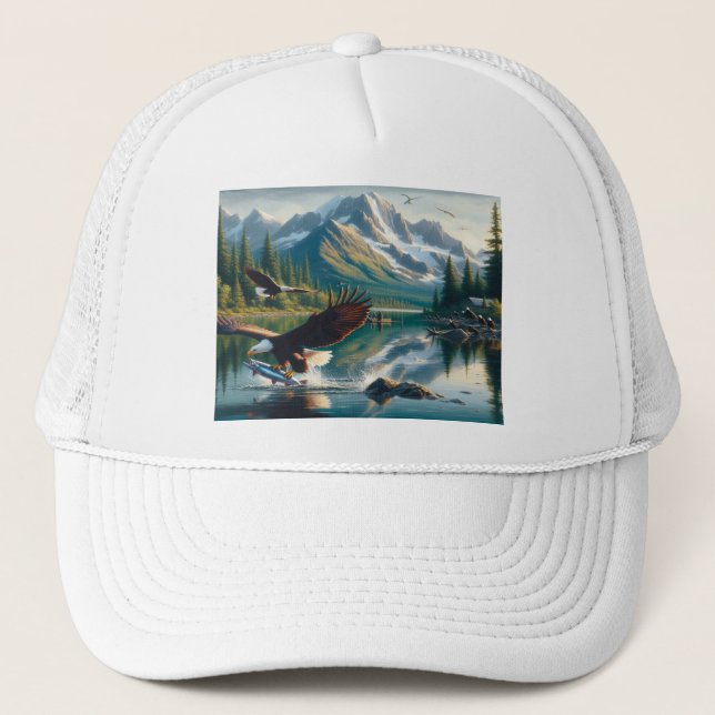 Gorra De Camionero Majestic Eagle Capturando peces al amanecer 20x16 (Anverso)
