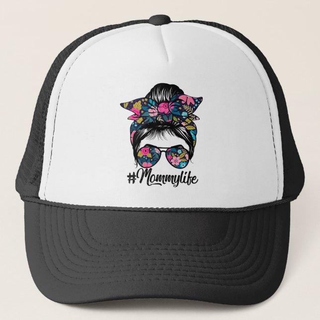 Gorra De Camionero Mami Life Messy Hair Bun Floral Mujeres Madre (Anverso)