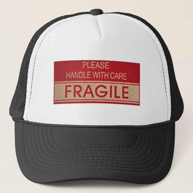 Gorra De Camionero Mango divertida con cuidado, signo frágil (Anverso)