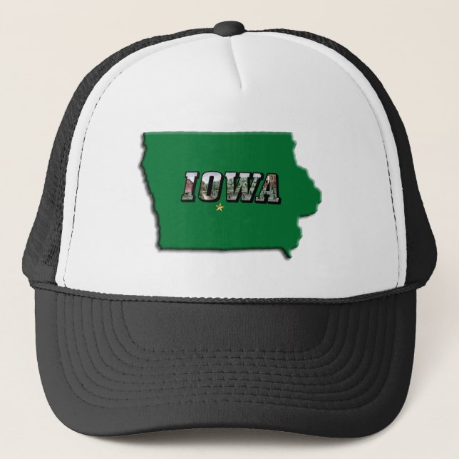 Gorra De Camionero Mapa de estado de Iowa Esquema verde y foto texto (Anverso)