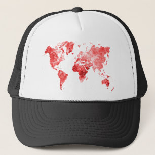 Gorra De Camionero Mapa mundial de la acuarela rojo