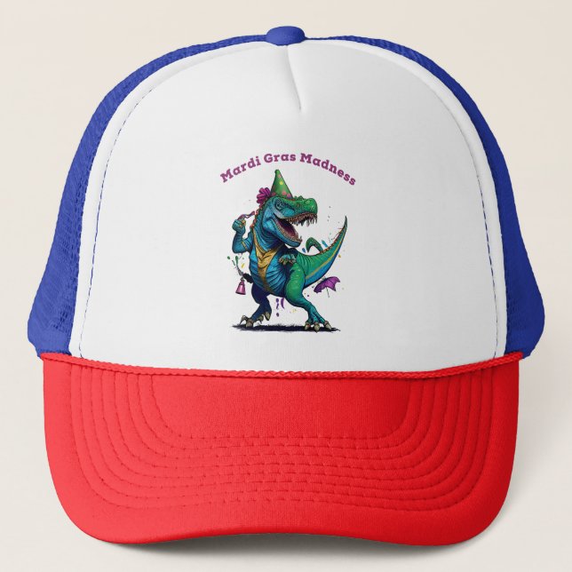 Gorra De Camionero Mardi Gras Madness T Rex Dinosaur Bead Mardi Grawr (Anverso)