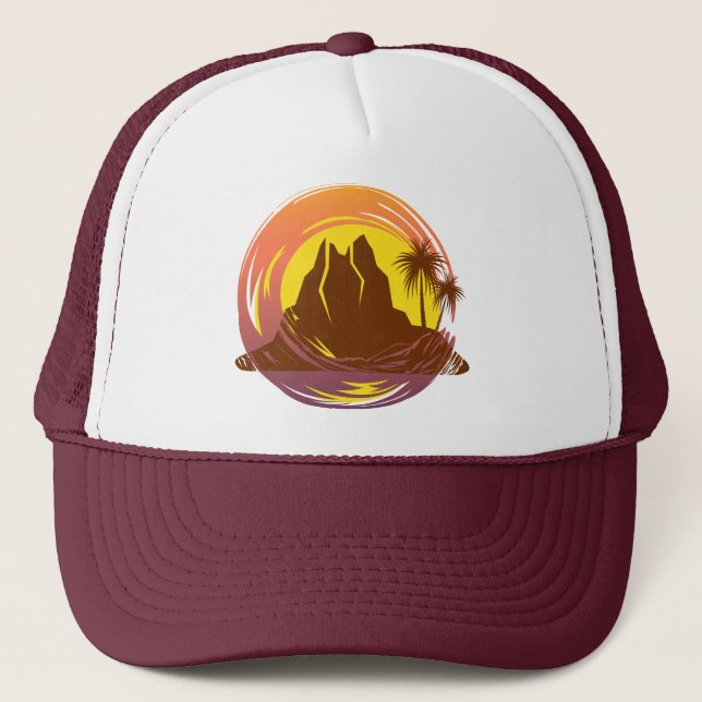 Gorra De Camionero Margen con el paisaje volcánico tropical y palmera (Anverso)