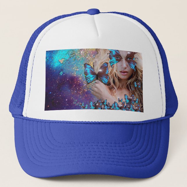 GORRA DE CAMIONERO MARIPOSA AZUL CON DERRAMES DE ORO VERDE (Anverso)