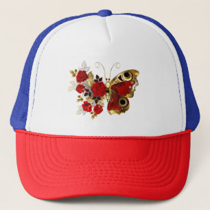 Gorra De Camionero Mariposa de flor roja con rosas rojas