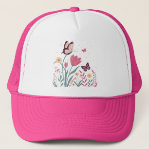 Gorra De Camionero Mariposas con tulipanes rosados y margaritas amari