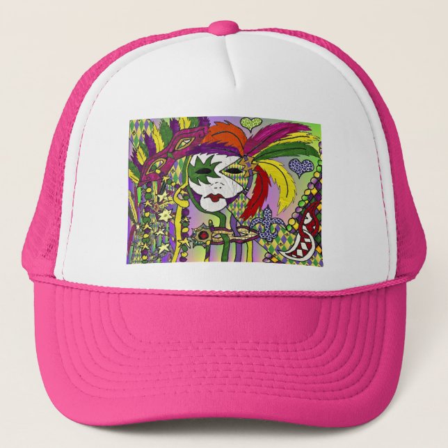 Gorra De Camionero Máscara de plumas del Mardi Gras psicodélico (Anverso)