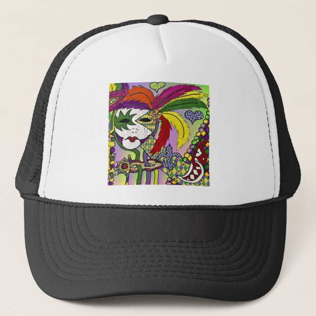 Gorra De Camionero Máscara de plumas del Mardi Gras psicodélico (Anverso)