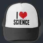 Gorra De Camionero Me encanta el modelo de Átomo científico de Guay<br><div class="desc">Cute I Love Science gorra personalizado con tu nombre. Presenta un modelo de átomo frente al corazón. Un regalo perfecto para un profesor de ciencias.</div>