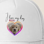 Gorra De Camionero Me encanta el nombre de mi Mascota de fotos del co<br><div class="desc">Me encanta el sombrero de camionero de mi Mascota de fotos del corazón del perro. Una foto en forma de corazón y un texto en escritura a la moda. Añade tu foto y nombre.</div>