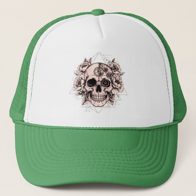 Gorra De Camionero "Mechanical Bloom" – Gothic Skull with Floral Gear (Anverso)