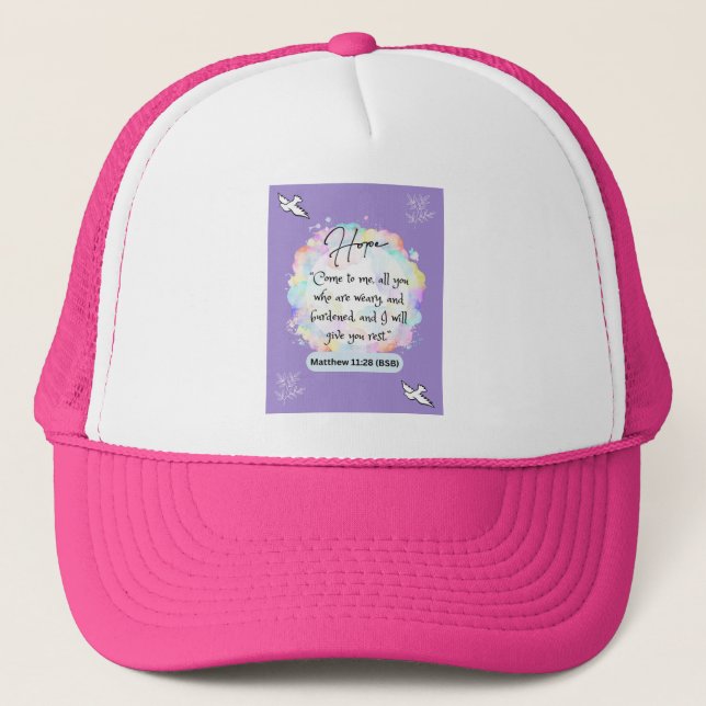 Gorra De Camionero Mensaje de esperanza - Mateo 11-28 - Rosa y Blanco (Anverso)