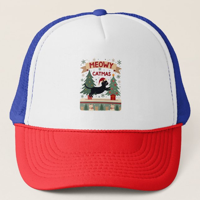 Gorra De Camionero Meowy Catmas, Ugly Christmas Sweater, Cat Christma (Anverso)