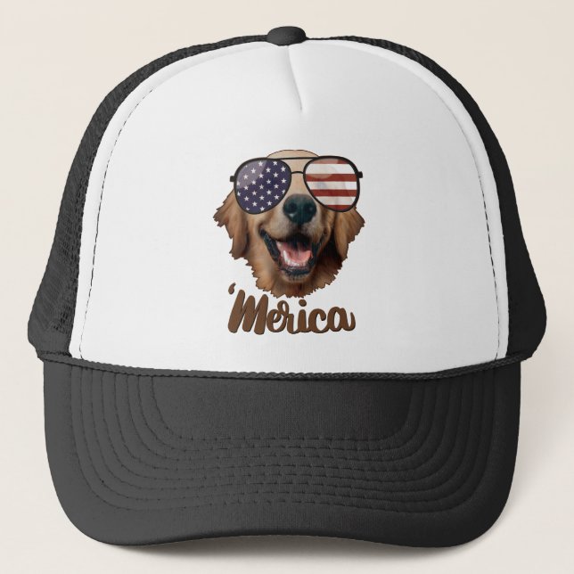 Gorra De Camionero Merica Golden Retriever, 4 de julio, EE.UU., perro (Anverso)