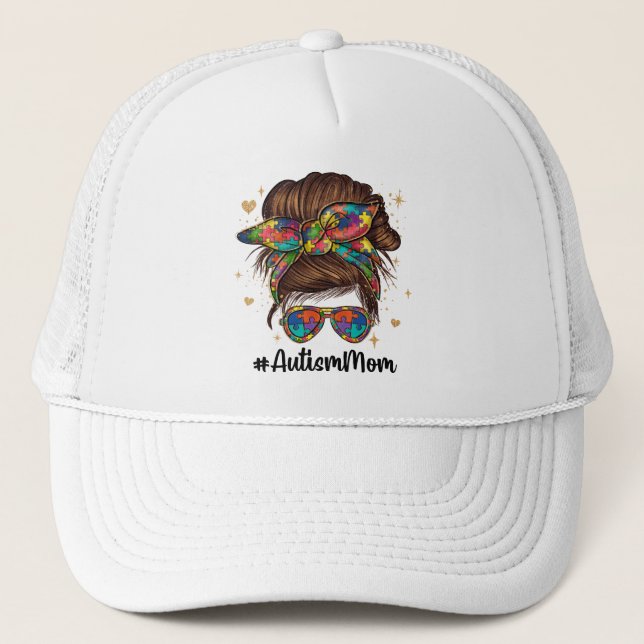 Gorra De Camionero Messy Bun Orgulloso Autismo Mamá (Anverso)