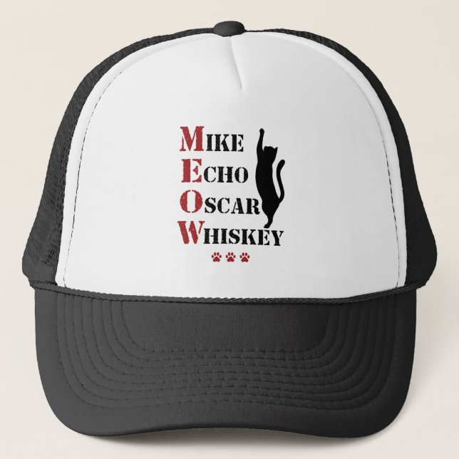 Gorra De Camionero Mike Echo Oscar Whiskey MEOW Cat (Anverso)